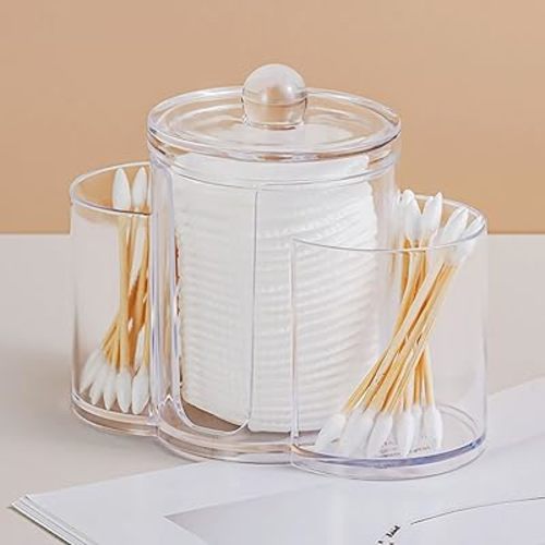 3-in-1 Q-Tip Holder for Bathroom – Premium Vanity Organizer Canister with Dustproof Lid for Cotton Swabs, Balls and Pads, Countertop Storage Container（Clear）