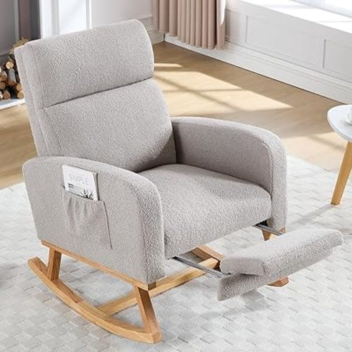 Rocking Chair Nursery with Foot Rest, Teddy Nursing Rocking Chairs for Mom Nursery, Rocker Glider Chair with Footrest for Living Room, Bedroom, Light Gray