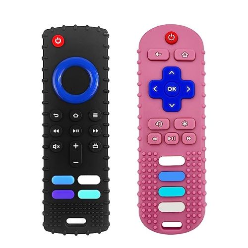 2-Pack Silicone Baby Teething Toys, Fire TV Remote Teethers for 6-12-18 Months Infant, Fire Remote Shape Toddlers Silicone Teethers for Boys and Girls Sensory Toy