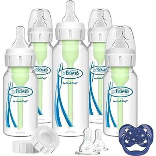 Dr. Brown's Natural Flow Anti-Colic Options+ Narrow Baby Bottle Gift Set with Advantage Pacifier, and Bottle Travel Caps