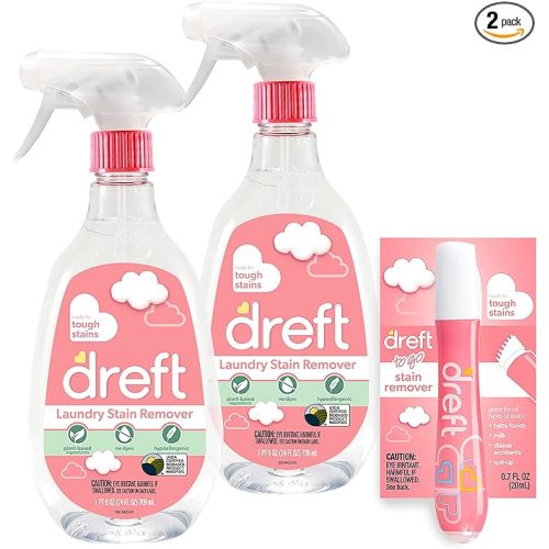 Dreft Stain Remover for Baby Clothes, Fragrance Free and Hypoallergenic Baby Stain Remover Spray Plus Travel Size Stain Treater Pen, 24 Fl Oz ( Pack of 2 + Stain Pen) - Fresh - 24.35 Fl Oz (Pack of 2)