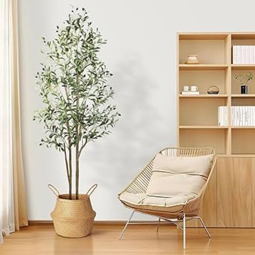 𝟔𝐟𝐭 Artificial Olive Tree Faux Silk Plant(72" in), Indoor Fake Olive Tree with Natural Wood Trunk & Lifelike Fruits, Perfect for Modern Home Office Living Room Floor Decor, 6 FT