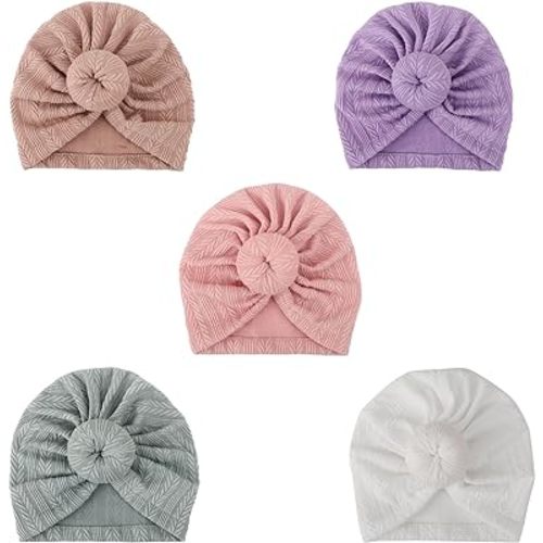 DRESHOW BQUBO 5 Pieces Baby Turban Hats Turban Bun Knot Baby Infant Beanie Baby Girl Soft Cute Toddler Cap