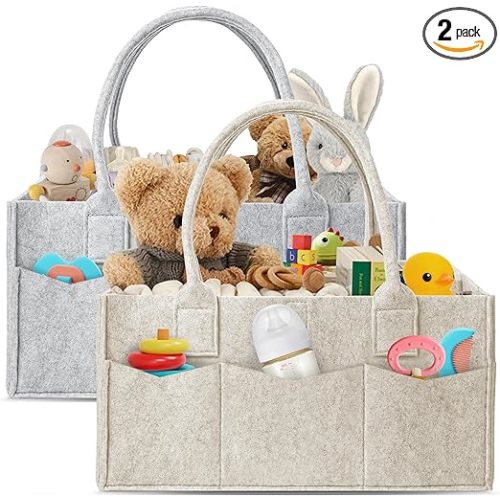 HIPHOP PANDA 2-Pack Diaper Caddy Organizer - Newborn Essentials Baby Registry Must Haves - Sturdy Nursery Storage Bin & Portable Car Caddy for Diapers & Wipes - Grey/Oatmeal Gift Set