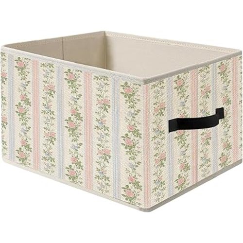 Pink and Blue Striped Striped Rose Floral Storage Bins, Grandmillennial Shabby Chic Flower Foldable Closet Organizers Storage Basket Toybox for Girls Room Dorm Clothes Bed Sheets Blankets Toys