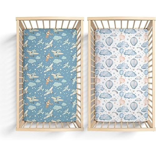 2 Pack Cartoon Plane Hot Air Balloon Clouds Stars Rainbow Pattern Baby Sheets for Crib, Unisex Transportation Nursery Fitted Bed Sheet for Boys Girls Standard Crib and Toddler Mattress-28x52