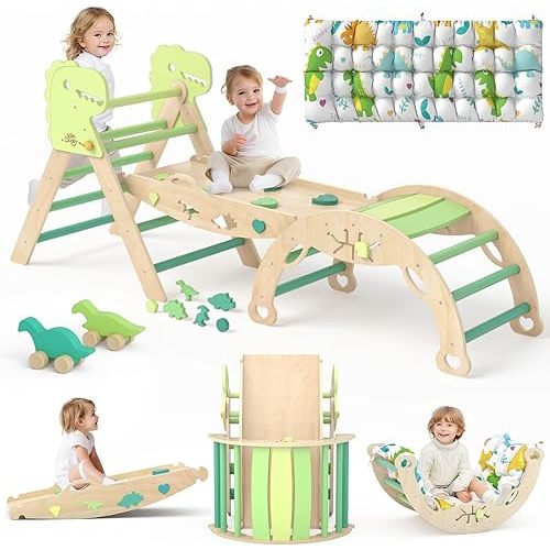Pikler Triangle Set with Cushion 9 in 1 Climbing Toys for Toddlers 1-3 Indoor Baby Climbing Gym Toddler Montessori Toys Wooden Playground with Maze, Shape Sorting Game, Dinosaur Car