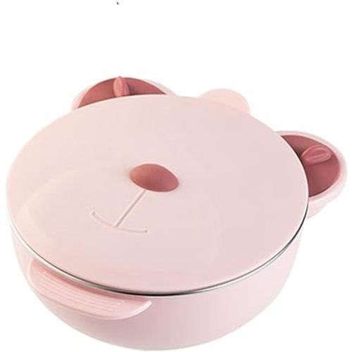 I love D&M Cute Animal Baby Toddler Food-Grade 316 Stainless Steel Bowl with Insulated Lid Strong Suction Leak-Resistant BPA Free Easy to clean (no utensil, Princess Pink)