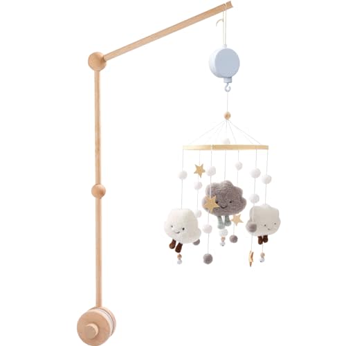 KTZCTPCA 27inch Baby Crib Mobile Arm, Wooden Baby Mobile Holder Arm, Crib Baby Nursery Mobile Hanger, Adjustable Angle Height Cot Mobile Holder with Music Box for Crib Baby Bed Nursery Decor