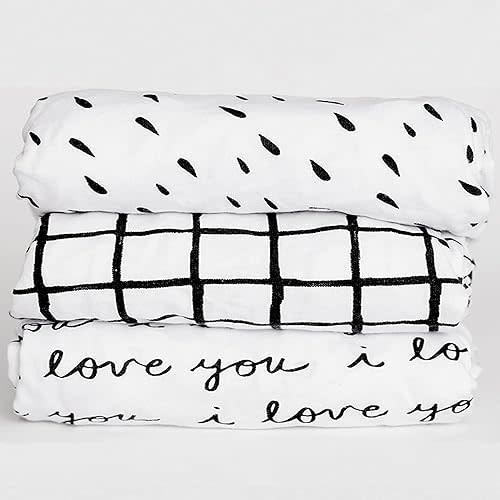 3 Fitted Crib Sheets Black/White Set for Baby Toddler Mattress - 100% Oeko-TEX Cotton Gender Neutral for Girl/Boy Nursery Bedding - I Love You, Plaid & Abstract Polka Dots 28”x52”x9” Sheet