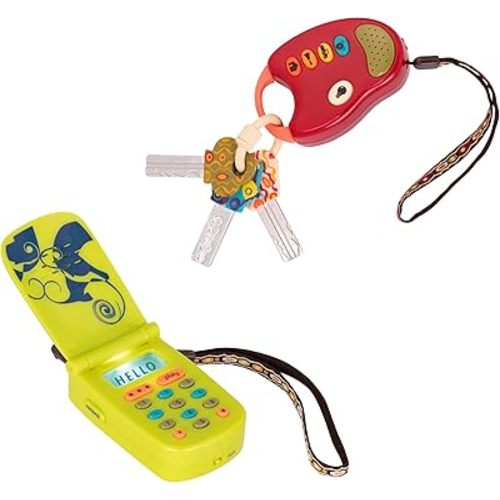 B. toys – Toy Car Keys & Cellphone – 2 Pieces Sensory Bundle – Developmental Toy for Babies, Toddlers – Red Keys & Green Play Phone – 10+ Months – FunKeys + Hellophone Set