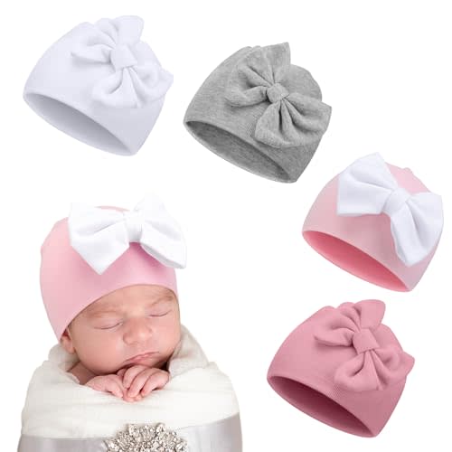 Cuffbow 4 Pcs Preemie Hats Bow Cap Warm Premature Baby Cotton Beanie for Newborn 3-7 Lbs