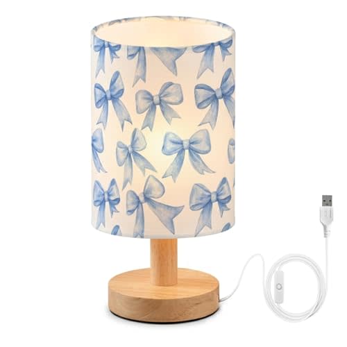 Bedside Table Lamp Blue Watercolor Coquette Bow Small Desk Lamps Linen Fabric Shade Decorative Nightstand Lamp LED with USB Port Wood Base for Bedroom Living Room