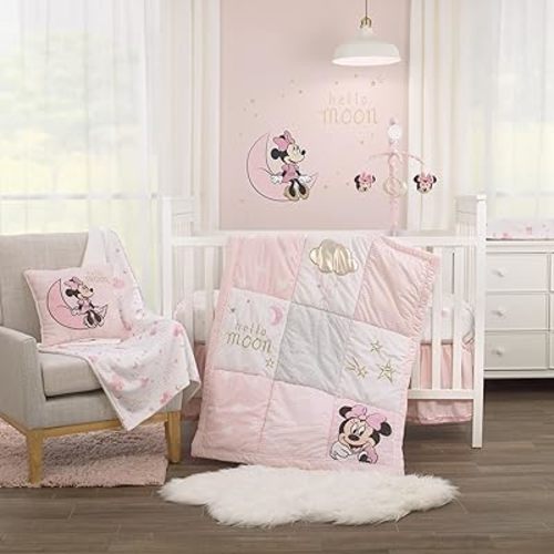 Disney Minnie Mouse Twinkle Twinkle Minnie Pink, White and Metallic Gold 3 Piece Crib Bedding Sete Twinkle Minnie Pink, White and Metallic Gold 3 Piece Crib Bedding Set