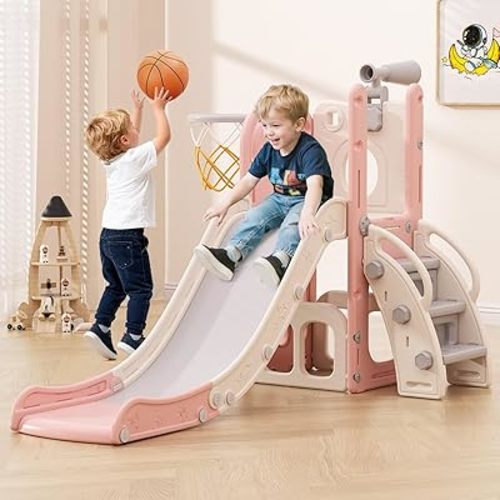 Babytronic Toddler Slide, 6 in 1 Kids Indoor Slide for Toddlers 1-3, Baby Indoor and Outdoor Climber Playset, Kids Slide with Basketball Hoop and Telescope, Toddler Outdoor Playground (Pink)