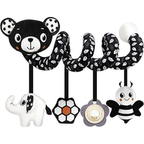 Baby Carseat Toy Black & White Rattle Spiral Hanging Activity Stroller Toy for Newborns Boys and Girls, Easter Basket Stuffers - Bear