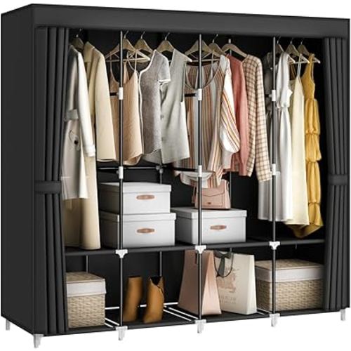 67 Inch Large Capacity Portable Closet Wardrobe with Non-Woven Fabric Cover, 4 Hanging Rods, 8 Shelves - Black Clothes Storage Organizer for Hanging Clothes