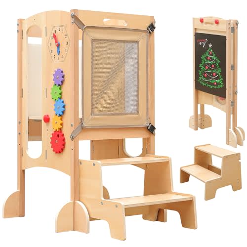 JUZBOT Toddler Tower Foldable Toddler Kitchen Stool Helper with 2 Step Stool, Safety Net, Adjustable Height, Chalk-Whiteboard& Montessori Activity Games
