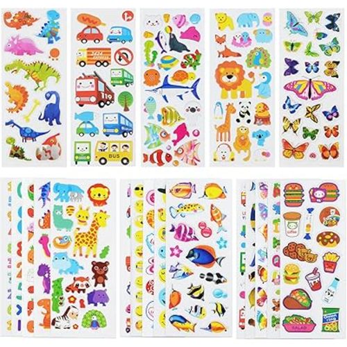 24 Sheets(500+) 3D Puffy Stickers for Toddlers Kids, Bulk Preschool Sticker Sheets for Reward, Craft, Scrapbooking Including Animal, Fruits, Dinosaurs, Fish and More