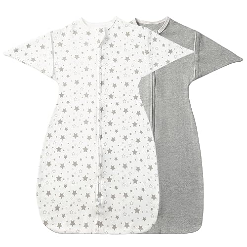 JULYFIRE 2 Pack Transition Swaddle with 2 Way Zipper, 100% Cotton Baby Arms in/Out Free Design Transitional Swaddle, Arms Up Sleeping Sack Baby Sleep Sack (Gray & Star, Small 3-6 Months)