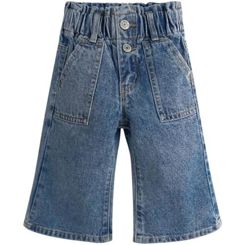 KIDSCOOL SPACE Baby Girls Jeans,Toddler Elastic Waist with D-Ring Slant Pockets Wide-Leg Denim Pants