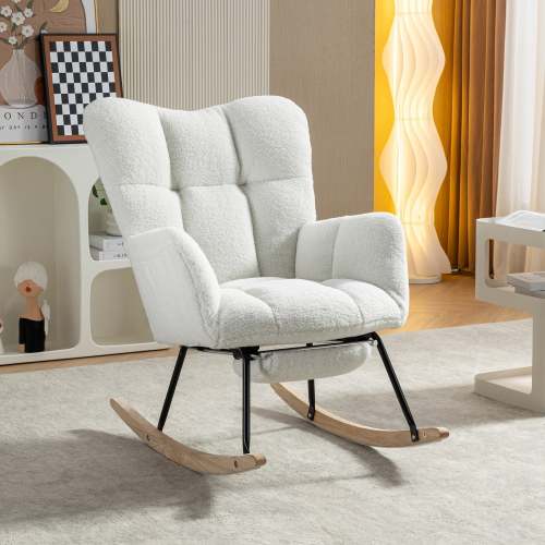 067-teddy Fabric High Back Nursery Rocking Chair with Adjustable Footrest and Storage Pocket