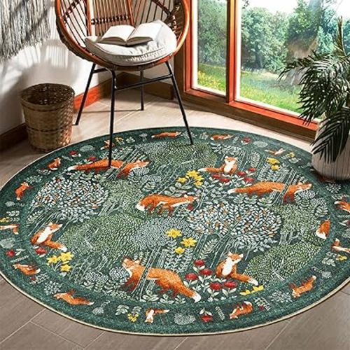 Cute Woodland Forest Kids Rug Boho Floral Round Nursery Rug, Green Aesthetic Bedroom Rug Abstract Tropical 5ft Circle Carpet Washable, Botanical Animals Area Rug for Living Room Entryway Kitchen