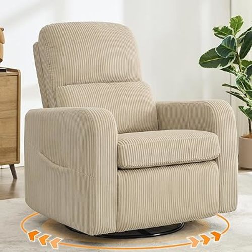Swivel Rocker Recliner, Oversized Manual Nursery Glider Rocking Recliner Chair with Removable Cushion, Upholstered Swivel Reclining Chair for Nursery Living Room Bedroom, Velvet Camel