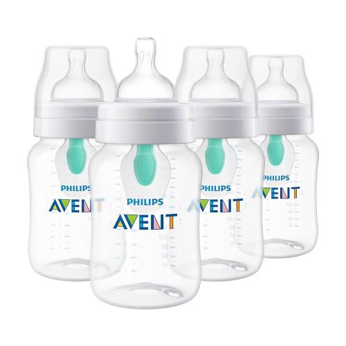 Philips Avent Anti-Colic Baby Bottle with AirFree Vent, 9oz, with Flow 2 Nipples, 1m+, 4pk, Clear, SCY703/04