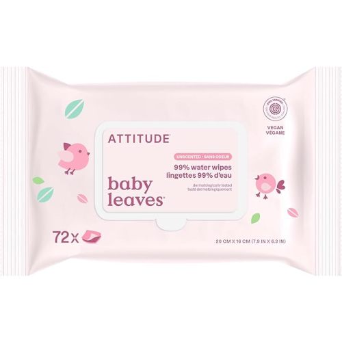 ATTITUDE Baby Water Wipes, EWG Verified, Safe for Newborns, Unscented & Fragrance-Free, 99% Water, Gentle, Vegan & Dermatologically Tested, Travel Pack with Hard Lid, 72 Count (Pack of 3)