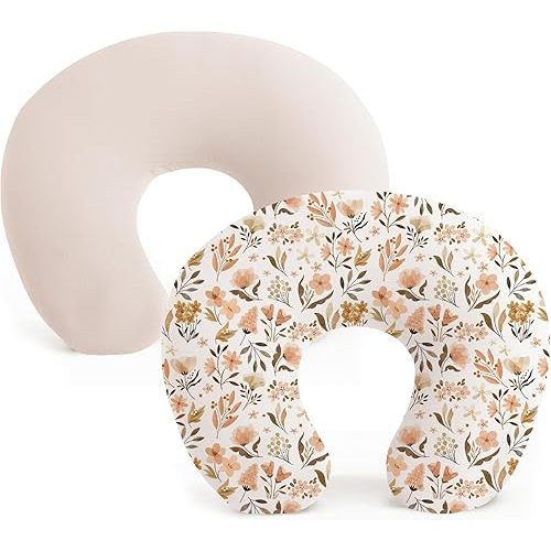 Konssy 2 Pack Nursing Pillow Covers, Stretchy and Soft Nursing Cover for Breastfeeding Pillows, Pillow Slipcover for Baby Girls Boys Newborn (Beige,Watercolour-Flower)
