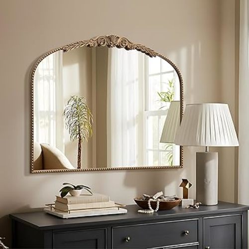 Besdomus Large Gold Vintage Mirror: 29"x 36" French Baroque Bathroom Mirror - Traditional Ornate Antique Arched Mirrors for Wall/Dresser/Mantel/Bedroom/Entryway/Hallway - Home Decor for Living Room