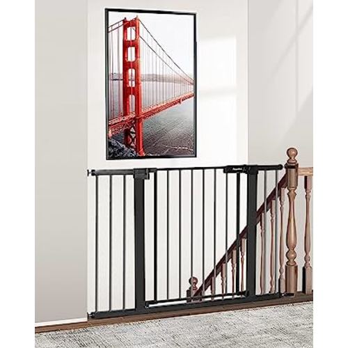 Newnice 29.7"-46" Baby Gate for Stairs, Auto Close Dog Gates for the House, Wide Baby Safety Pet Gates Pressure/Hardware Mounted for Doorway, Easy Walk Thru Child Gates for Stairs Kids Toddlers, Black