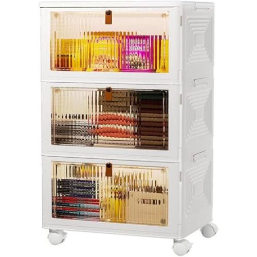 3 Tier Plastic Storage Bins with Lids 36QT, Stackable Storage Containers with Wheels, Folding Storage Boxes, Collapsible Storage Bins, Closet Organizers and Storage for Living Room,Office,Dorm