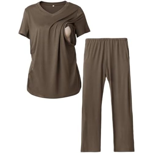 Rnxrbb V Neck Nursing Pajamas Set Postpartum Pjs Maternity Breastfeeding sleepwear for Women with Pockets 2 Pack