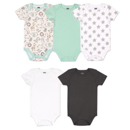 The Peanutshell Baby Boy or Baby Girl Short Sleeve Bodysuit Set, 5 Pack, Safari, Black, White, Sage, Stars