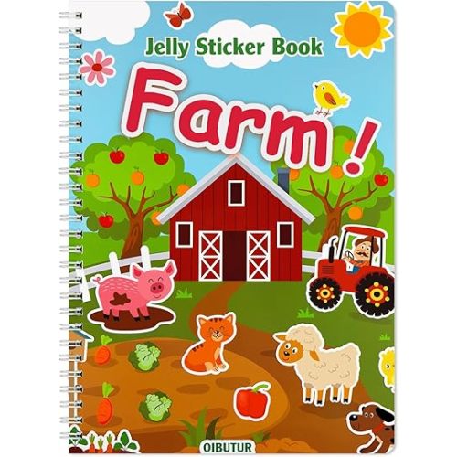 Reusable Sticker Book for Kids 1-3, Jelly Sticker Books for Toddlers 2-4 Years, Toddler Easter Basket Stuffers&Travel Essentials Farm Stickers for Kids Toddler Plane Activities (Farm)