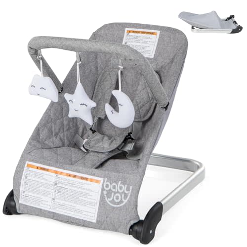 BABY JOY Baby Bouncer, Foldable Baby Bouncer Seat with 5-Point Safety Harness, Removable Fabric Cover & 3 Plush Toys, Portable Infant Bouncer for Babies 0-6 Months (Light Grey)