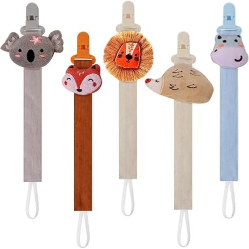 5 Pack Pacifier Clips for Girls and Boys, Multicolor Fabric Straps,5pcs Straps, Approx. 11 in / 29 cm, Resin Clips with Inner Grip Design, Fits Most Pacifiers with Handles