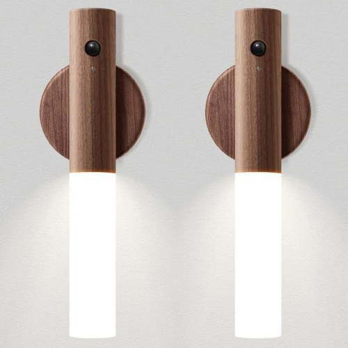 JSOT 2 Pack Motion Sensor Night Lights, Portable Magnet Body Sensor Wall Lights, Wooden Rechargeable LED Light for Cabinet, Stairway, Hallway, Walnut Wood Color