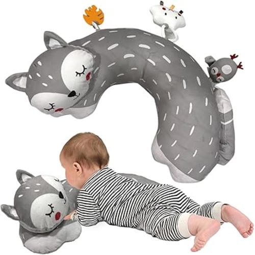 Tummy Time Pillow with 3 Detachable Sensory Toys - Infant Head Support & Neck Strengthening Mat - Soft & Breathable Baby Gym Play Pillow - Machine Washable (Gray Fox)