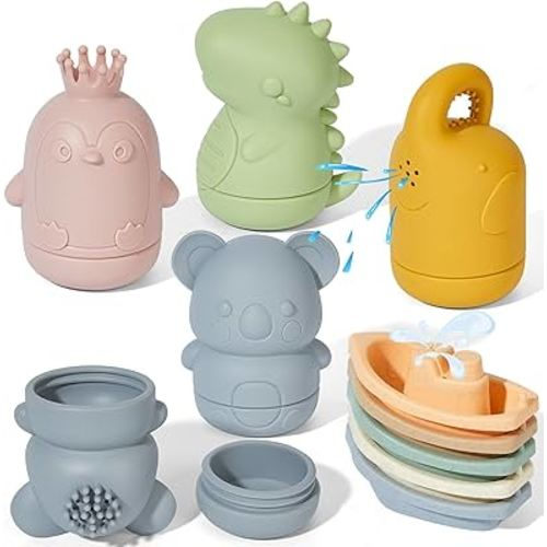 Baby Bath Toys, 9-Piece Water Table Toys with Floating Boats for Toddlers 1-3, Silicone Bathtub Pool Baby Toys 6-12 Months, Dishwasher Safe Infant Toys Baby Girl Boy Gifts