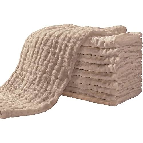 Yoofoss Muslin Burp Cloths for Baby 10 Pack 100% Cotton Baby Washcloths for Boys Girls Large 20''X10'' Super Soft and Absorbent Brown
