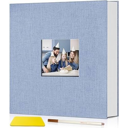 Popotop Photo Album Self Adhesive with Picture Display Window,60 Pages DIY Scrapbook Album for 4x6 8x10 Picture,Linen Cover Memory Book for Baby Wedding, with Scraper and Metallic Pen
