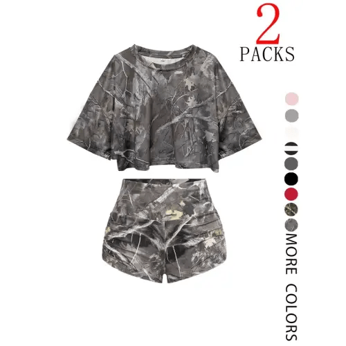 Women's Solid/all Over Print Crop Tee & Shorts Two-piece Set - TikTok Shop