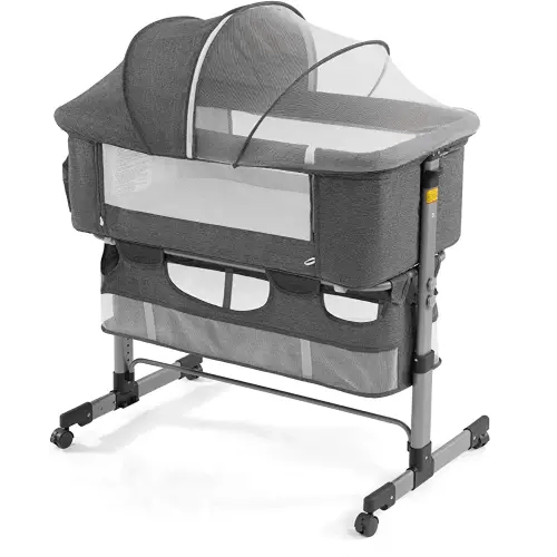 Bedside Sleeper Bedside Crib, Baby Bassinet 3 in 1 Travel Baby Crib Baby Bed with Breathable Net,Adjustable Portable Bed for Infant/Baby(Deep Grey)