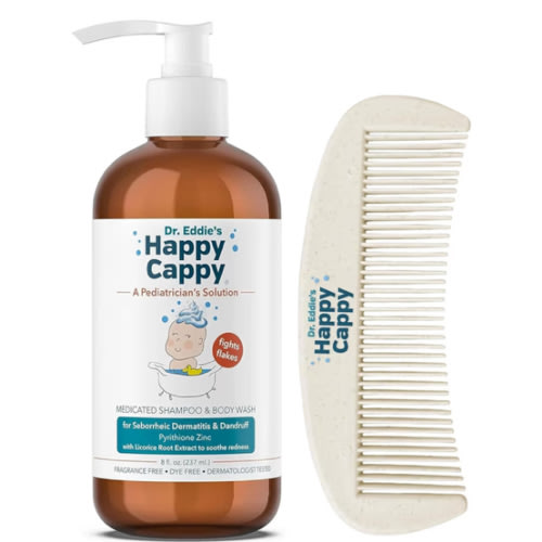 Happy Cappy Cradle Cap Medicated Shampoo and Body Wash with Comb - Baby Dandruff Shampoo, Helps Infants with Seborrheic Dermatitis, Reduces Flakes, Dermatologist Tested, Fragrance Free - 8 fl oz