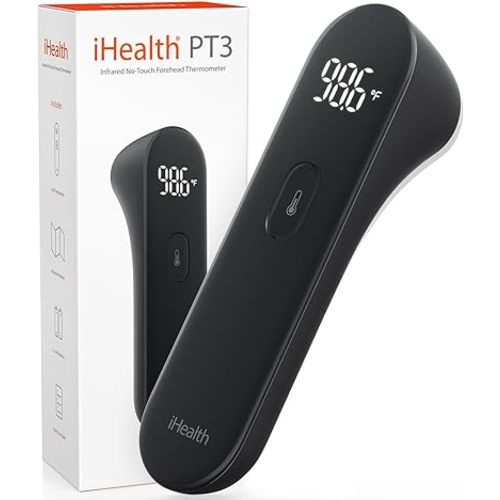 iHealth No-Touch Forehead Thermometer, Digital Infrared Thermometer for Adults and Kids, Non-Contact Baby Thermometer, 3 Ultra-Sensitive Sensors, Large LED Digits, Quiet Vibration Feedback, Black