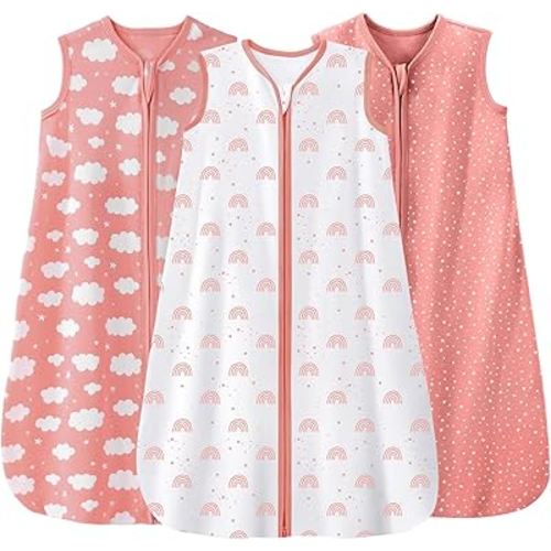 Baby Sleep Sack 0-6 Months 3 Pack 100% Cotton Lightweight 0.5 TOG Wearable Blanket Baby Sleep Bag with 2-Way Zipper for Newborn Infant Toddler Pink