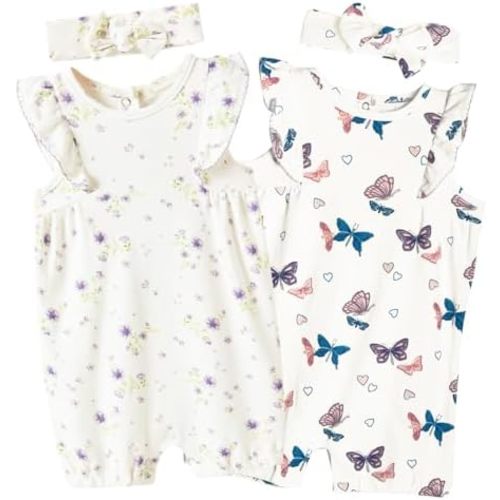 Baby Girls Ruffled Sleeve Rompers Toddler Girls Jumpsuits One-Piece Cotton Outfits